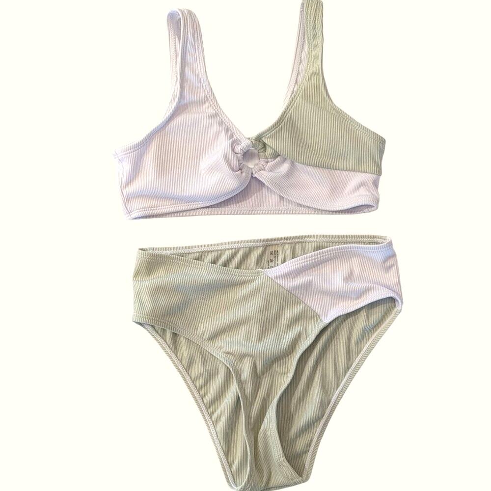 Girls Ribbed Bikini Set 12-13Y Sage Green & Ivory Color Block Ring Detail